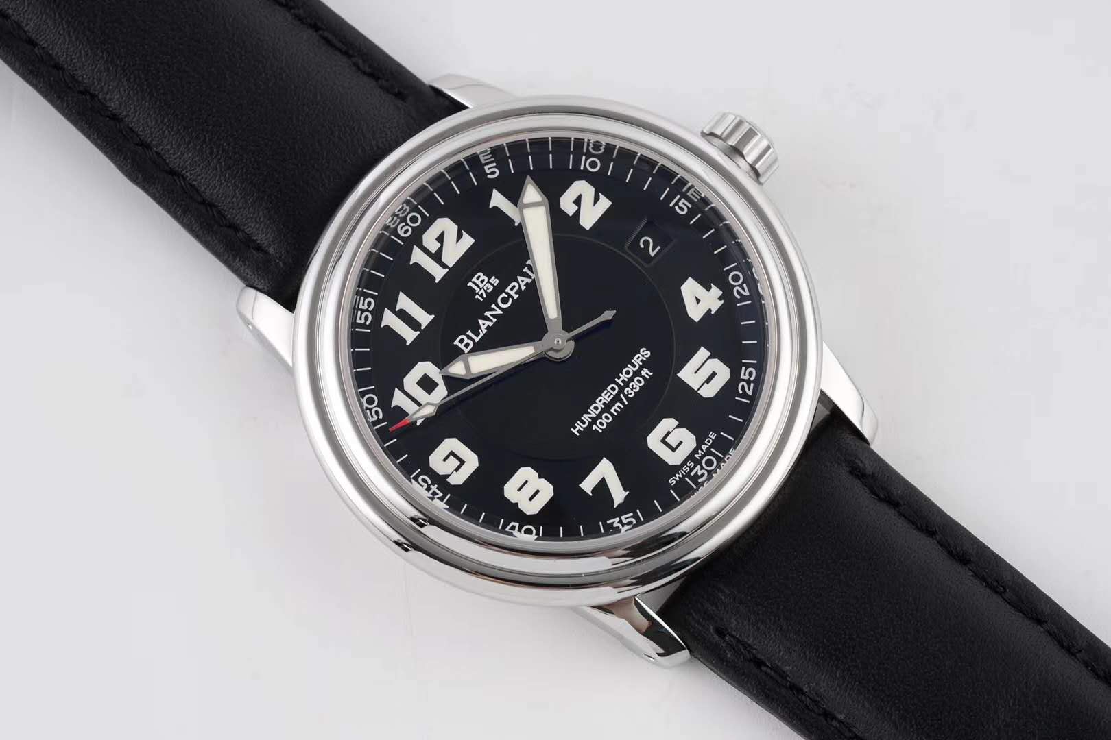 Hundred Hours Black Dial in Steel on Black Leather Strap