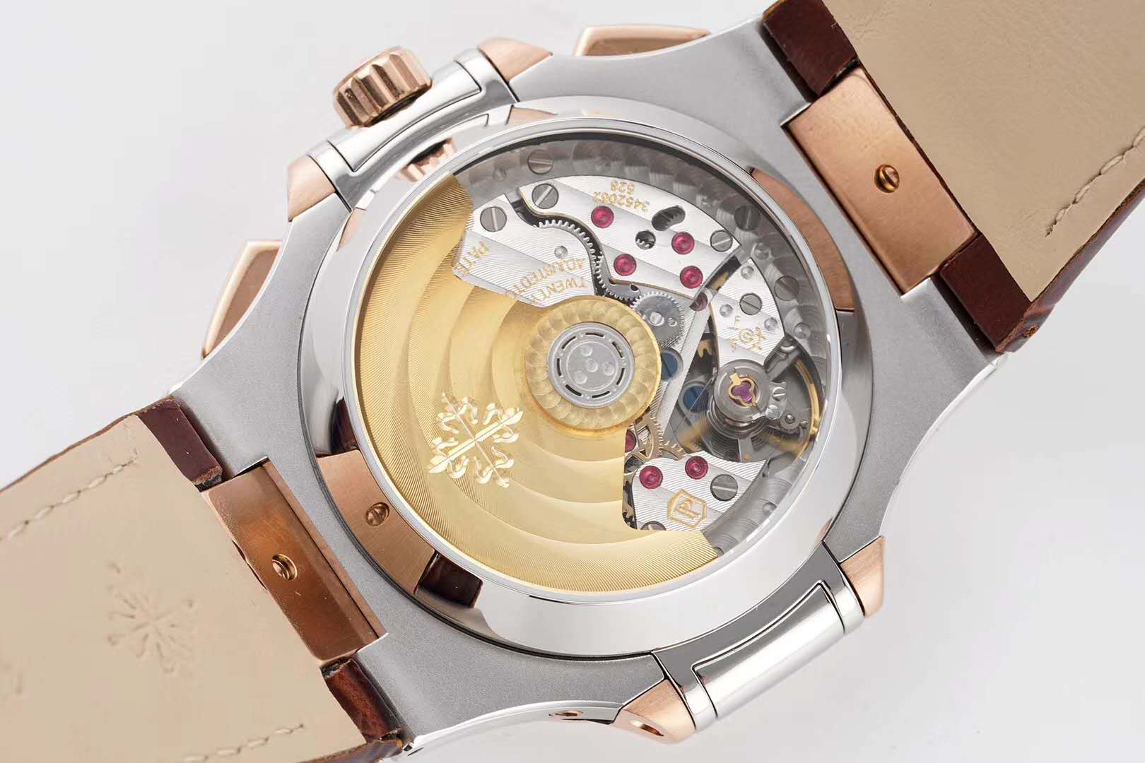 Nautilus Chronograph 5980/1AR in Steel and Rose Gold on Brown Leather Strap