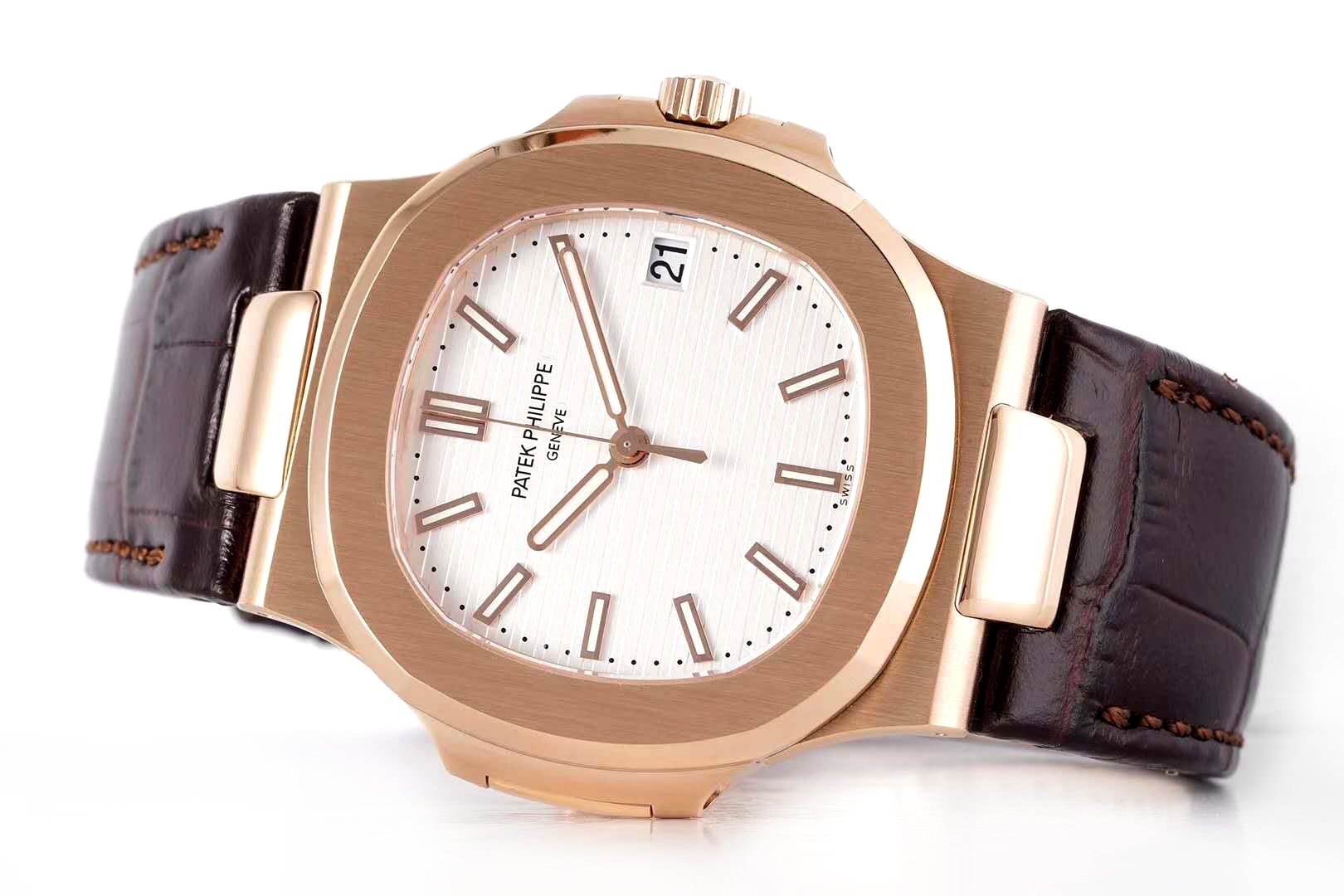 Nautilus Jumbo 5711 White Dial in Rose Gold with Brown Leather Strap