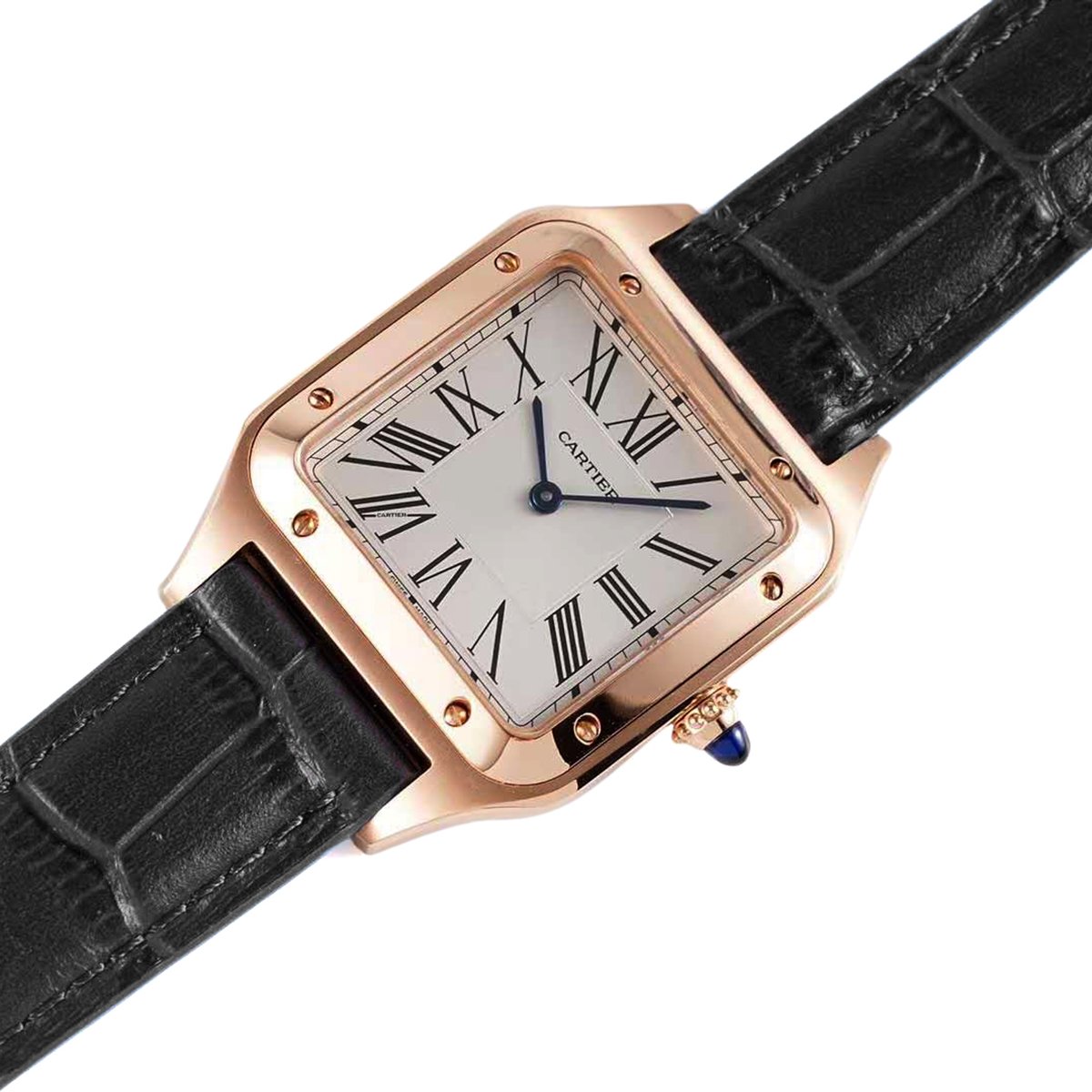 Santos-Dumont White Dial in Rose Gold on Black Leather Strap