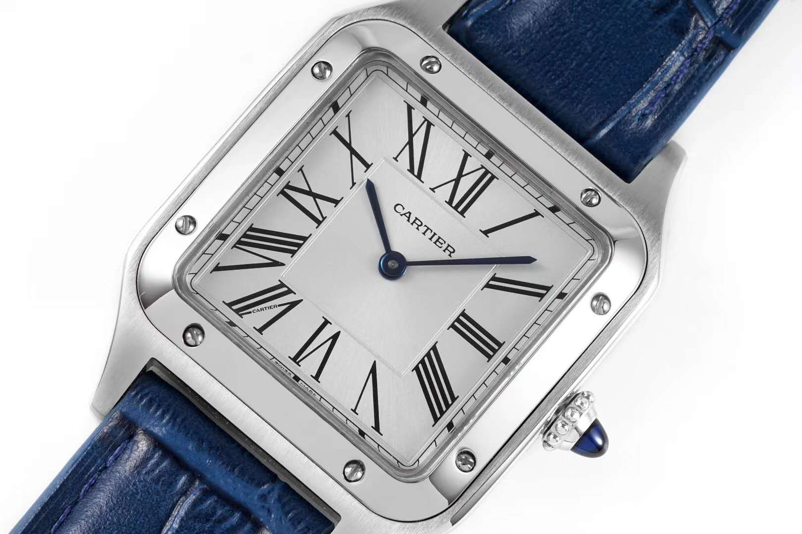 Santos-Dumont White Dial in Steel on Blue Leather Strap