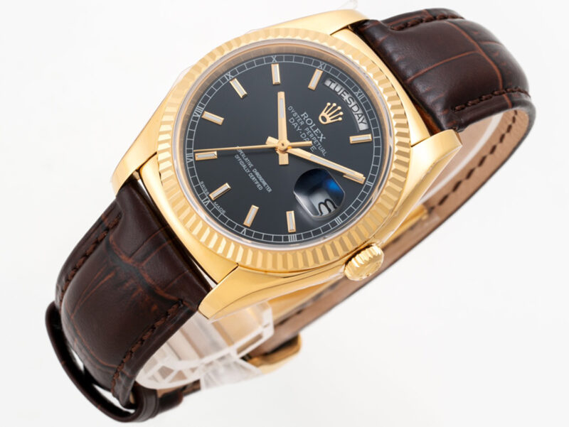 Day-Date 40 Black Dial in Yellow Gold on Leather Strap