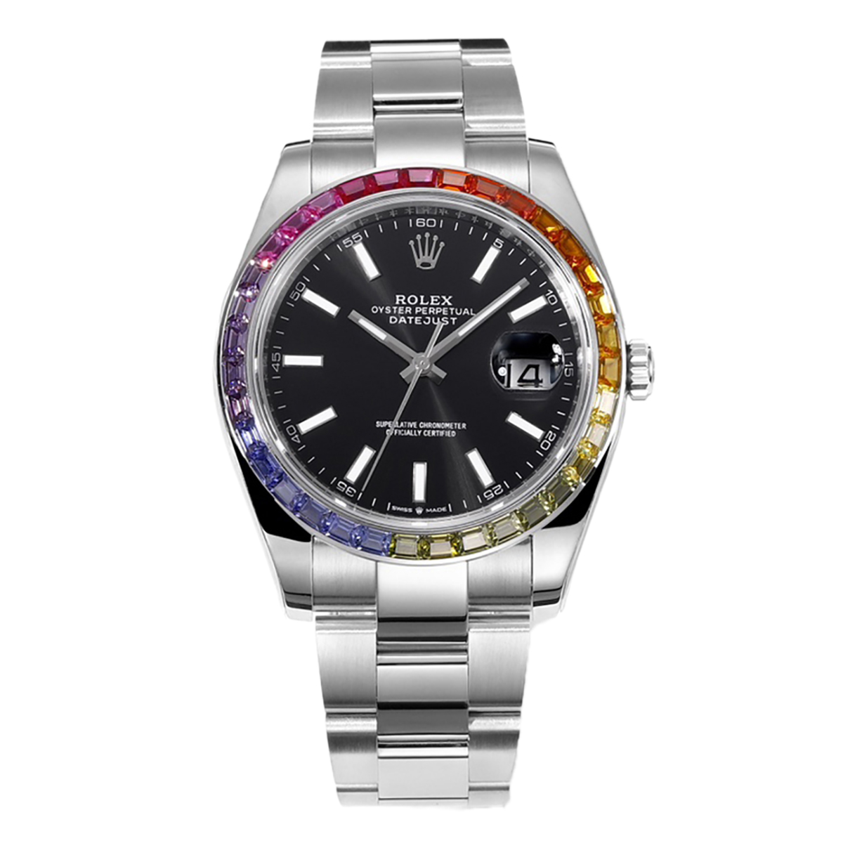 Datejust 41 Black Dial Stick Markers with Rainbow D1am0nd Bezel in Steel on Oyster Bracelet